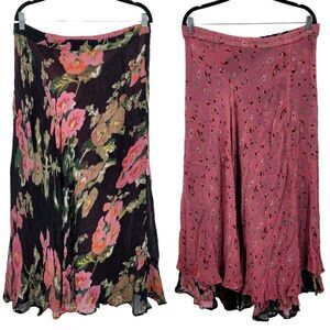 Vintage Reversible Floral Maxi Skirt M Black Pink Ditzy Ruffle Rayon India Boho